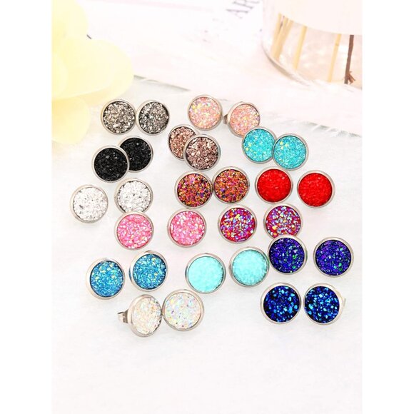 15 Pairs Colorful Druzy Stud Earrings Set - Stainless Steel Jewelry for Women - Picture 7 of 7